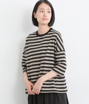 【made in japan】コットン ボーダーワイドプルオーバー(モカ×ブラック-ONESIZE)