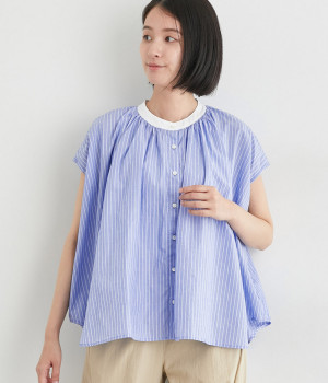 【made in japan】ストライプカラー配色ブラウス(サックス-ONESIZE)