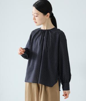 コーマブロードローンドットギャザーブラウス(ネイビー-F)