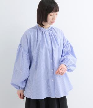 50ブロードストライプパフスリーブシャツ(サックス-F)