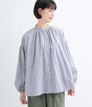 50ブロードストライプパフスリーブシャツ(ネイビー-F)