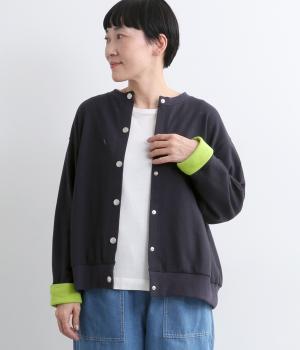 40/20ミニ裏毛コントラストカフスナップカーディガン(ネイビー-F)