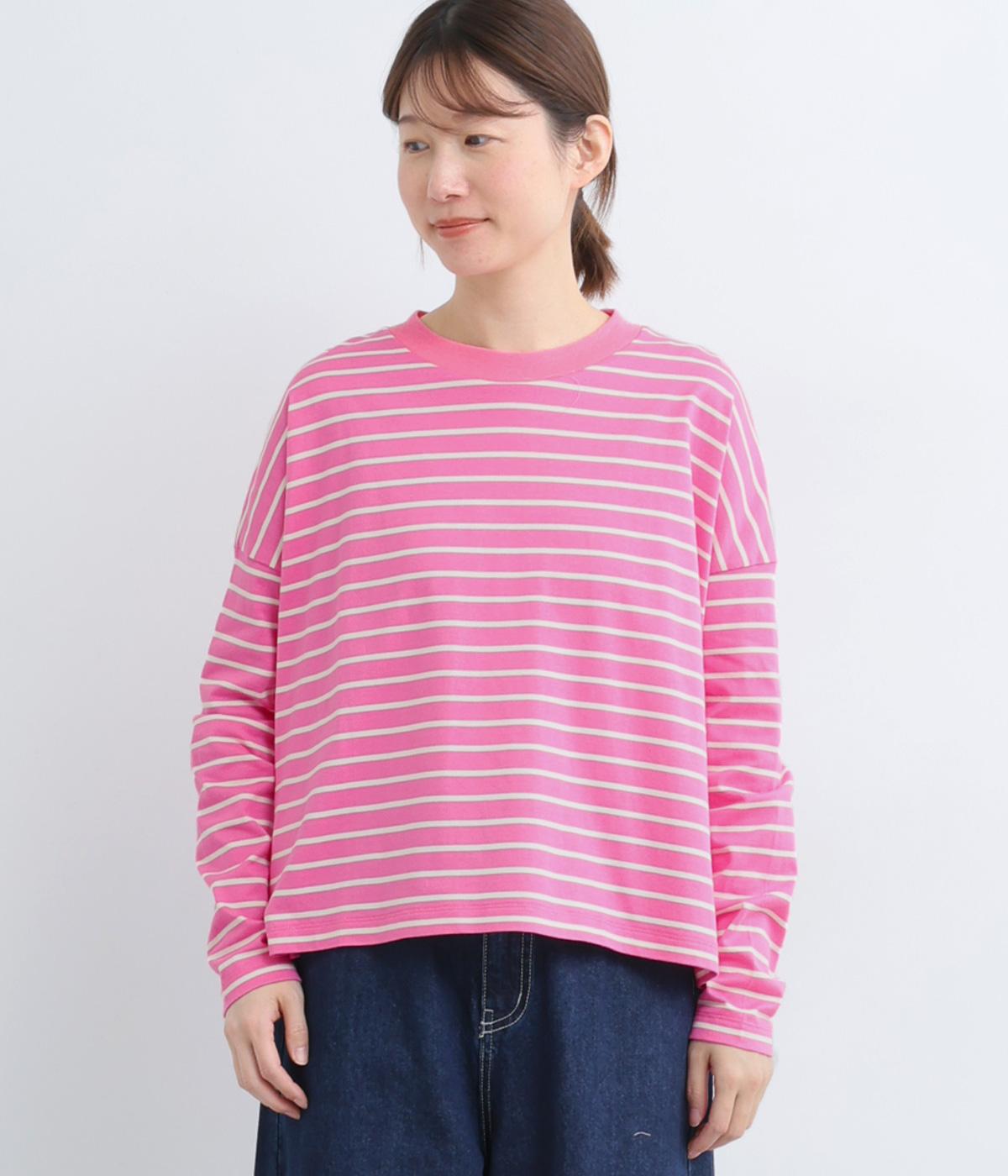 先染40/2天竺ボーダープルオーバー(ローズピンク-F)