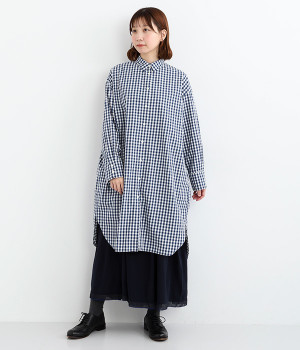 コットン ギンガムチェックシャツワンピース(ネイビー-ONESIZE)