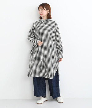 コットン ギンガムチェックシャツワンピース(ブラック-ONESIZE)