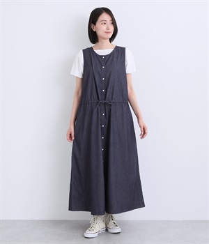 5ozデニム Aライン前開きジャンパースカート(ミドルインディゴ-ONESIZE)
