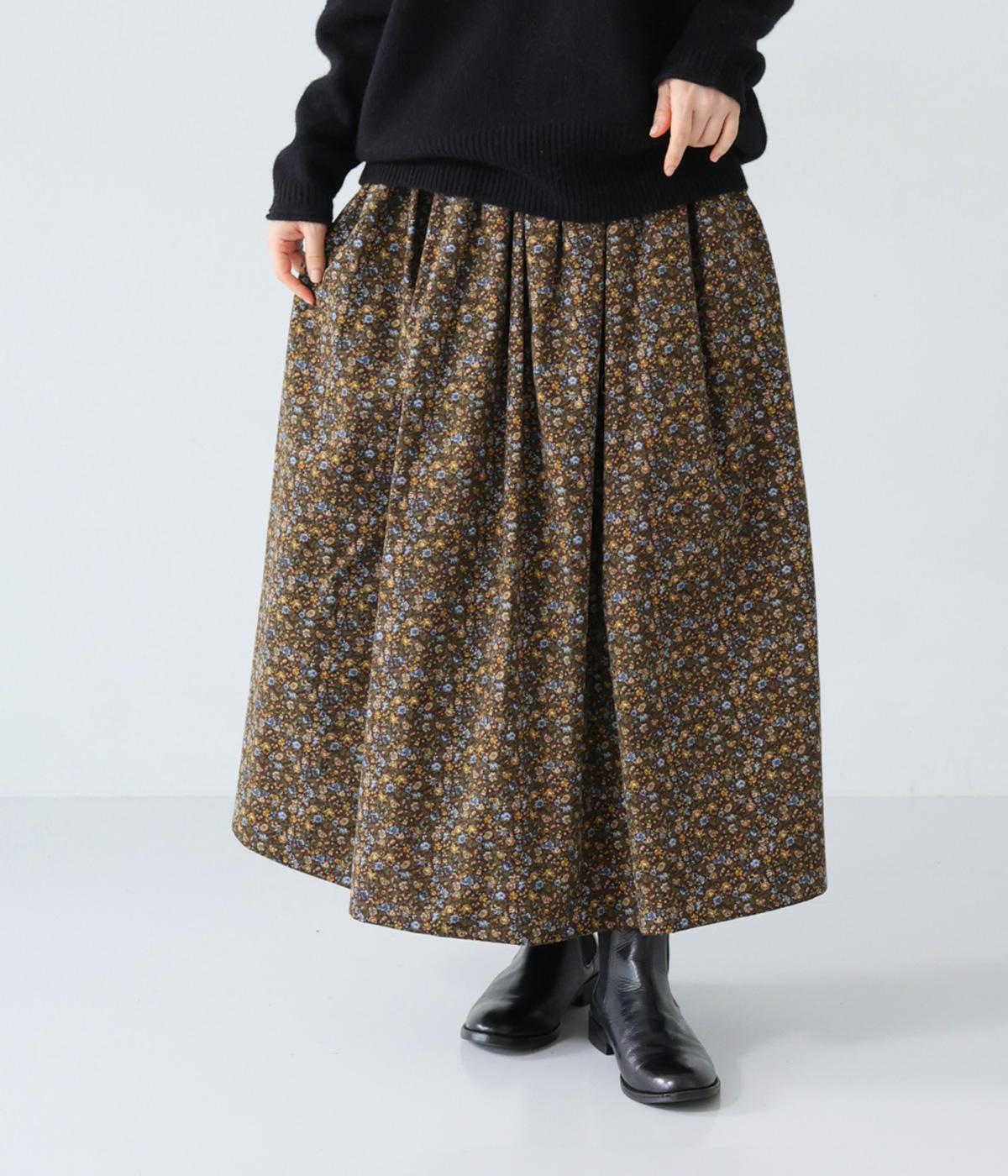 コール天プリントコーデュロイフラワーギャザースカート(ブラウン-F)