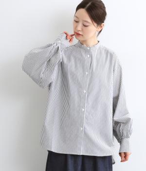 ギャザースリーブシャツ(ブラックストライプ-F)