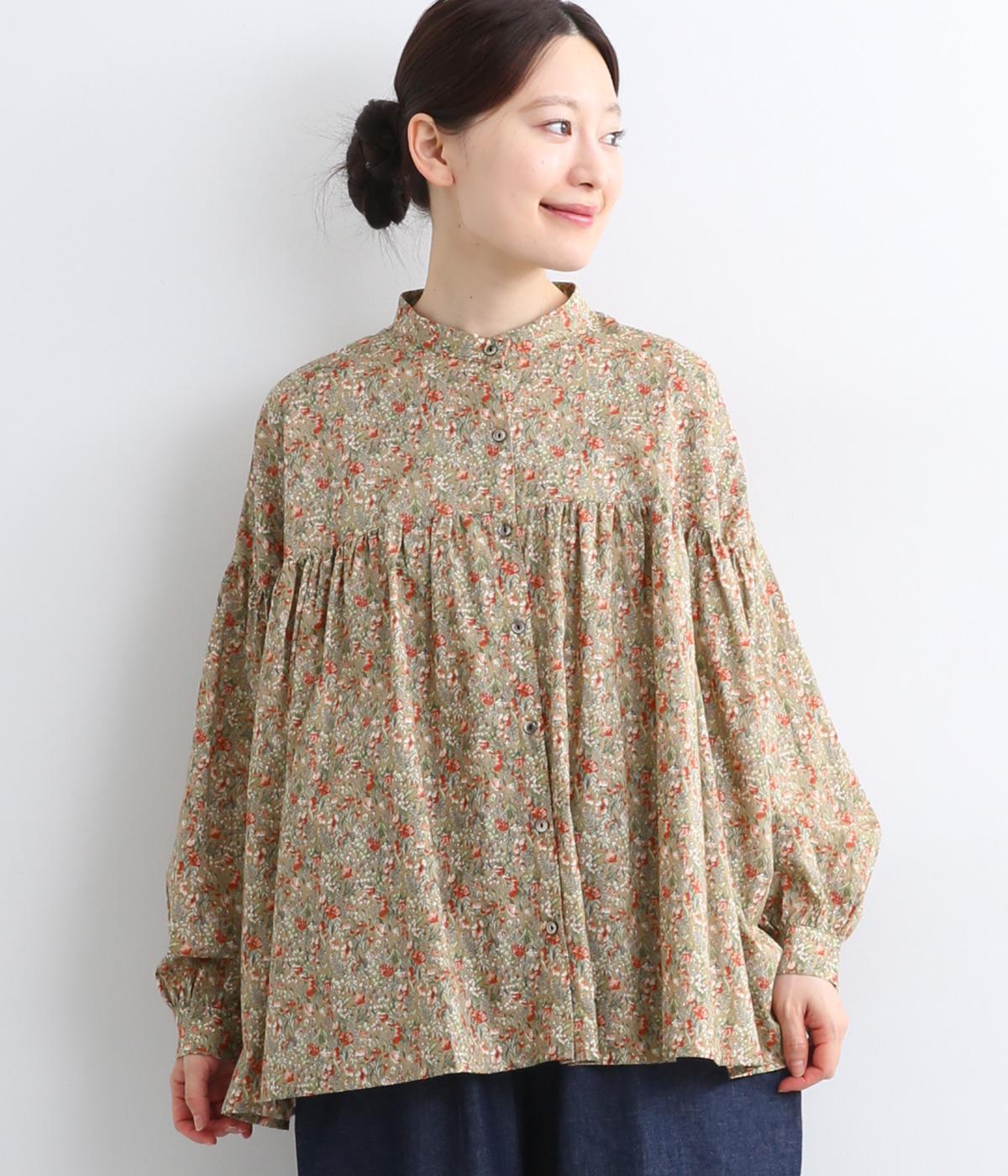 フラワープリントバンドカラーシャツ(ベージュ-F)