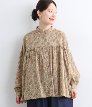 フラワープリントバンドカラーシャツ(ベージュ-F)