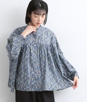 フラワープリントバンドカラーシャツ(ネイビー-F)