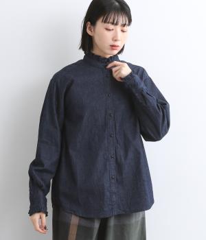 デニムフリルブラウス(ミドルインディゴ-F)