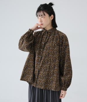 コール天プリントコーデュロイフラワーギャザーブラウス(ブラウン-F)