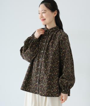 コール天プリントコーデュロイフラワーギャザーブラウス(ネイビー-F)