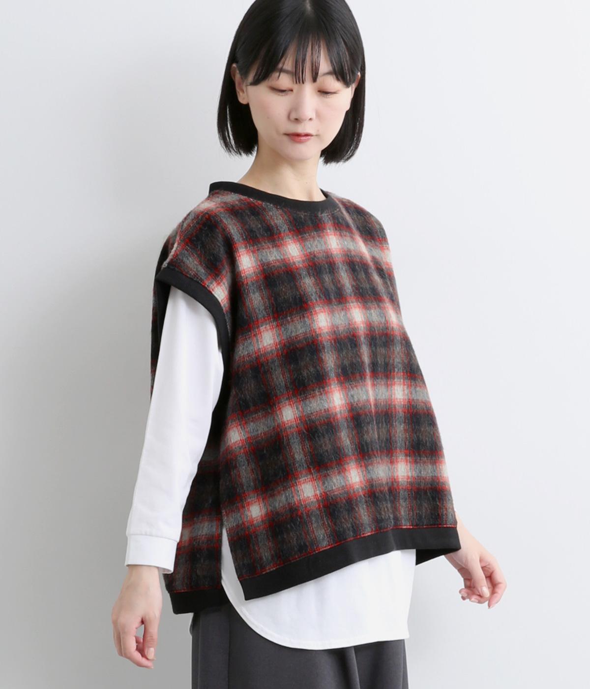 アルパカ混ウールチェックベスト(ブラック-F)