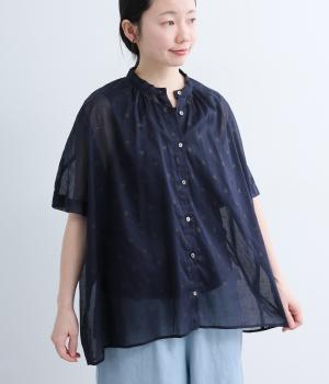コットンシアードットギャザーブラウス(ネイビー-F)