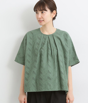 コットン透かし刺繍ドルマンブラウス(グリーン-ONESIZE)
