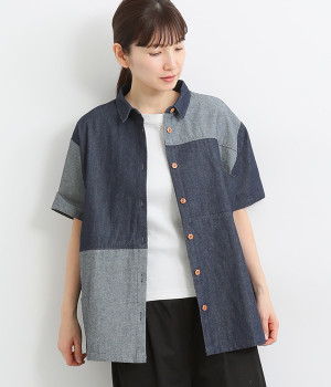 デニム切替えシャツ(インディゴ-ONESIZE)