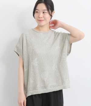 コットンバード透かし編みニットジャカードプルオーバー(杢グレー-ONESIZE)