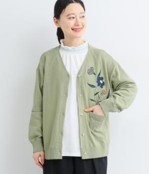 コットンニット植木鉢花刺繍カーディガン(オリーブ-F)