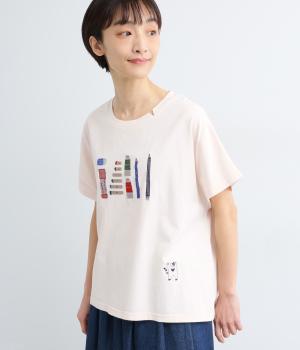 コットン天竺ネコの文房具刺繍Tシャツ(アイボリー-F)