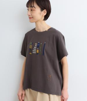 コットン天竺ネコの文房具刺繍Tシャツ(チャコールグレー-F)
