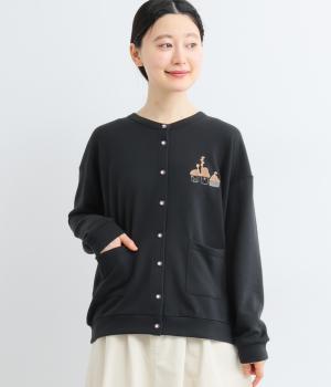 裏毛木のさがら刺繍カーディガン(ブラック-F)