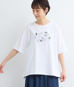 薄地天竺もぐらとハリネズミ刺繍Tシャツ(ホワイト-F)
