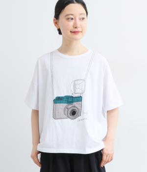 薄地天竺カメラパッチワークTシャツ(ホワイト-F)