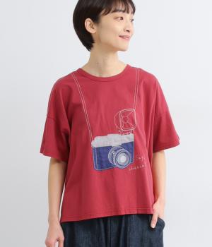 薄地天竺カメラパッチワークTシャツ(レッド-F)