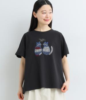 コットン天竺2匹のねこ刺繍Tシャツ(ブラック-F)