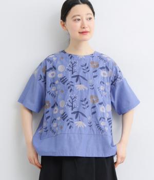 シャンブレーお花刺繍切替えブラウス(ブルー-F)