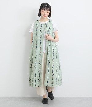 コットン花ストライプ総柄刺繍ジレ(オリーブ-ONESIZE)