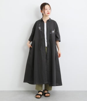 配色ステッチ花刺繍ワンピース(チャコールグレー-ONESIZE)