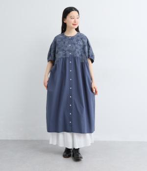 ナチュラルタイプライター大きなお花刺繍ワンピース(ネイビー-F)