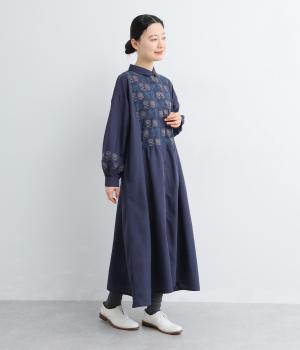 2色北欧花刺繍ワンピース(ネイビー-F)
