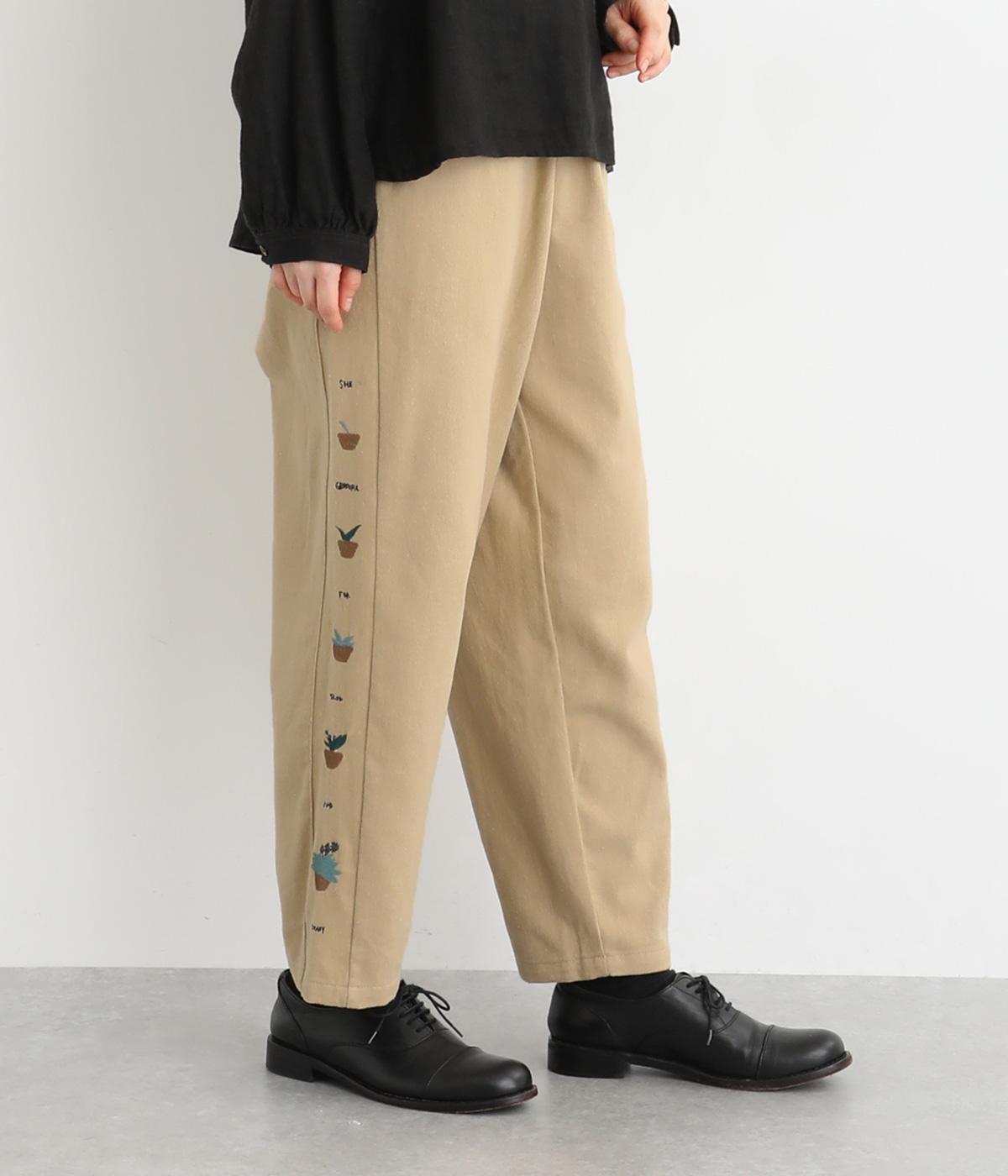 コットン植木鉢刺繍ストレートパンツ(ベージュ-F)