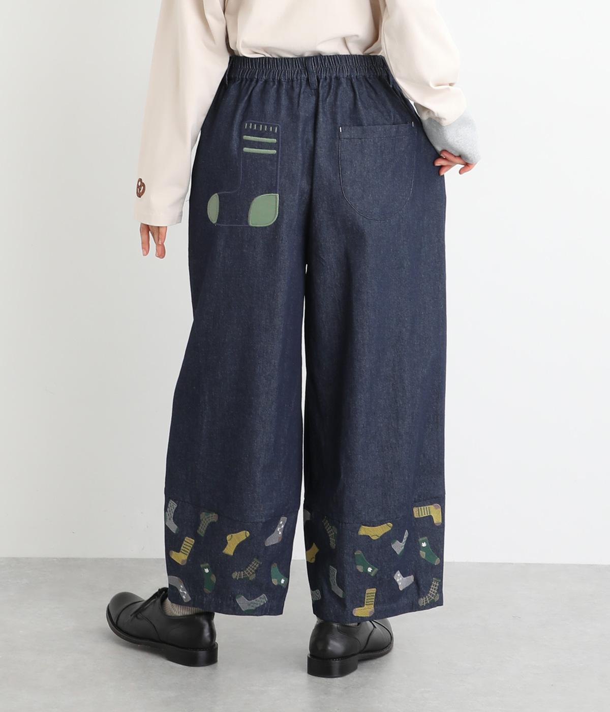 80Z デニム靴下刺繍バルーンパンツ(インディゴ-F)