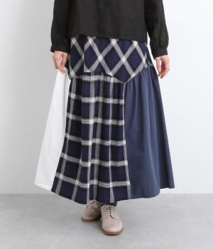 シルキーコットン異素材切替スカート(ネイビー-F)