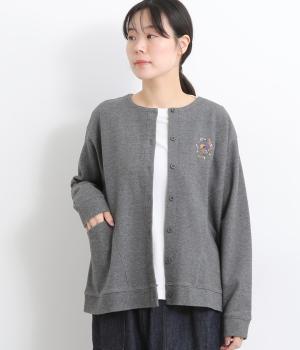 トリ刺繍切替えカーディガン(Mグレー-F)