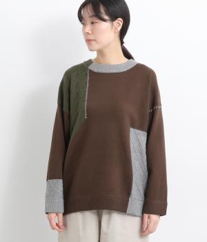 ケーブル編み配色プルオーバー(ブラウン-F)