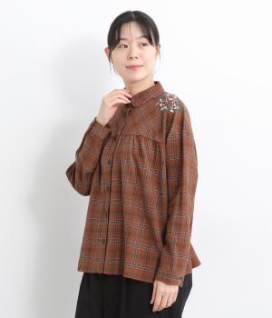 木の実刺繍ギャザーシャツ(ブラウン-F)