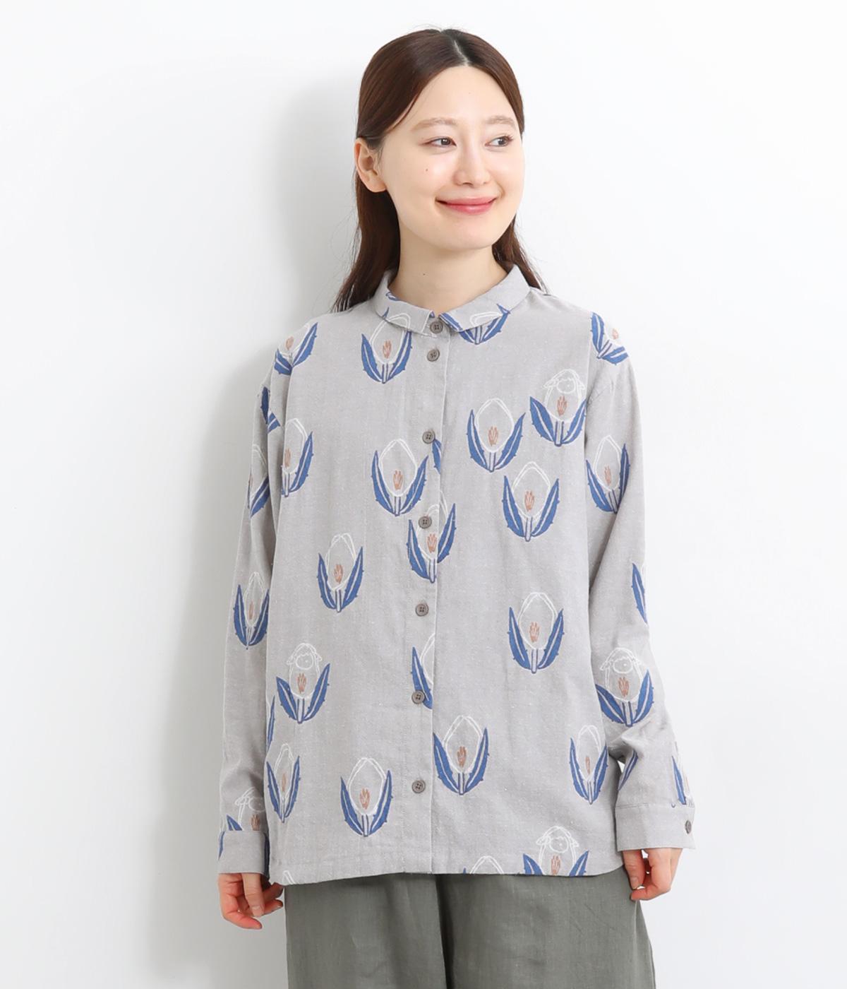 花と羊ジャカードシャツ(グレー-F)