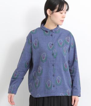 花と羊ジャカードシャツ(ネイビー-F)