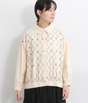 格子お花刺繍カーディガン(アイボリー-F)