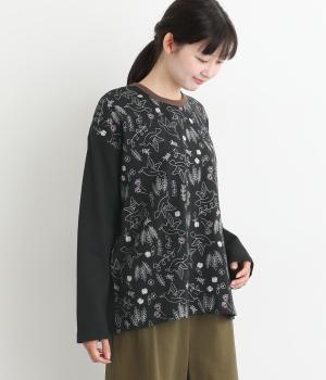 コットン北欧バード刺繍プルオーバー(ブラック-F)