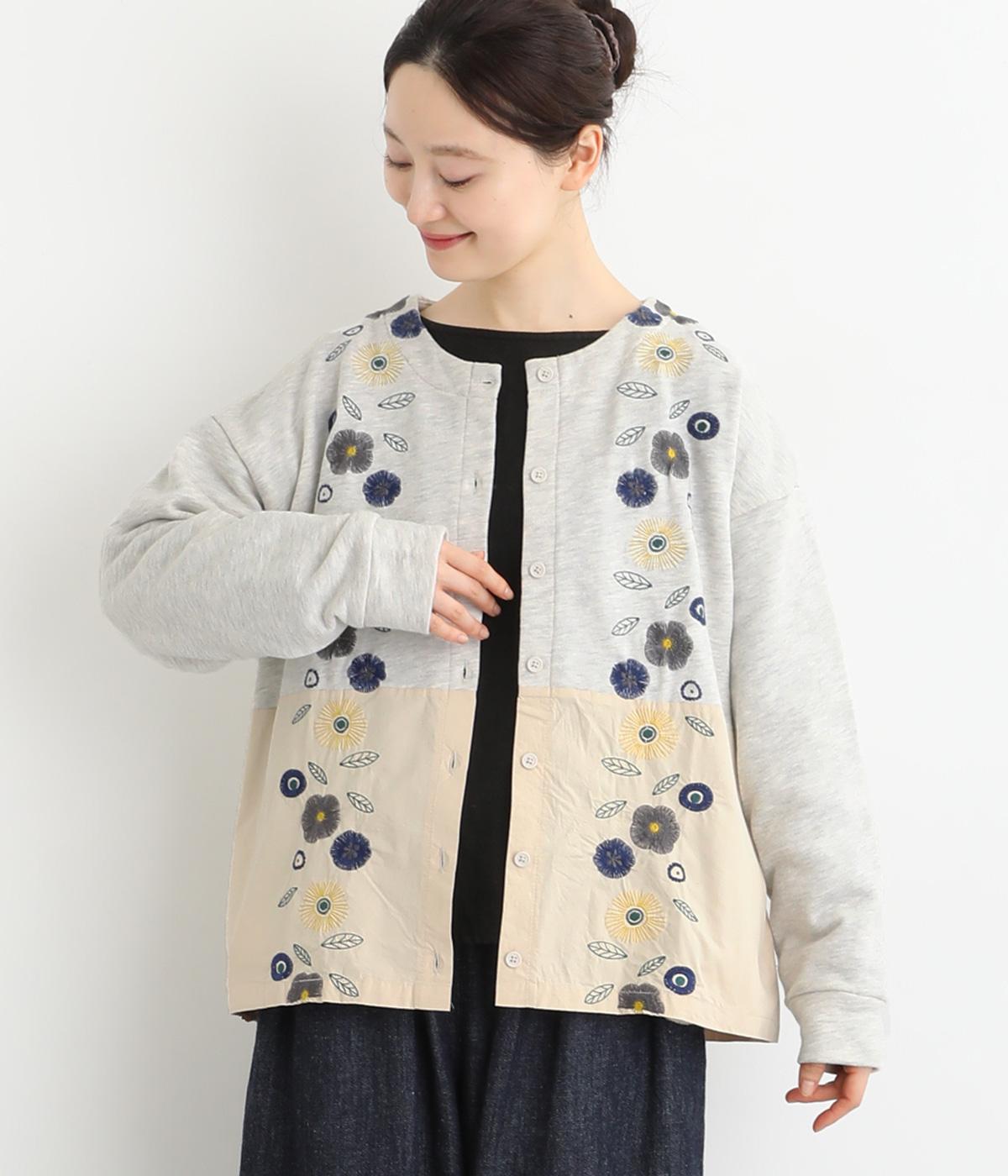 裏毛切替え花刺繍カーディガン(アイボリー-F)