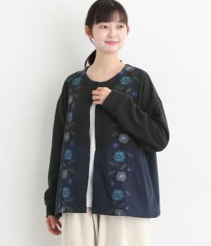 裏毛切替え花刺繍カーディガン(ブラック-F)