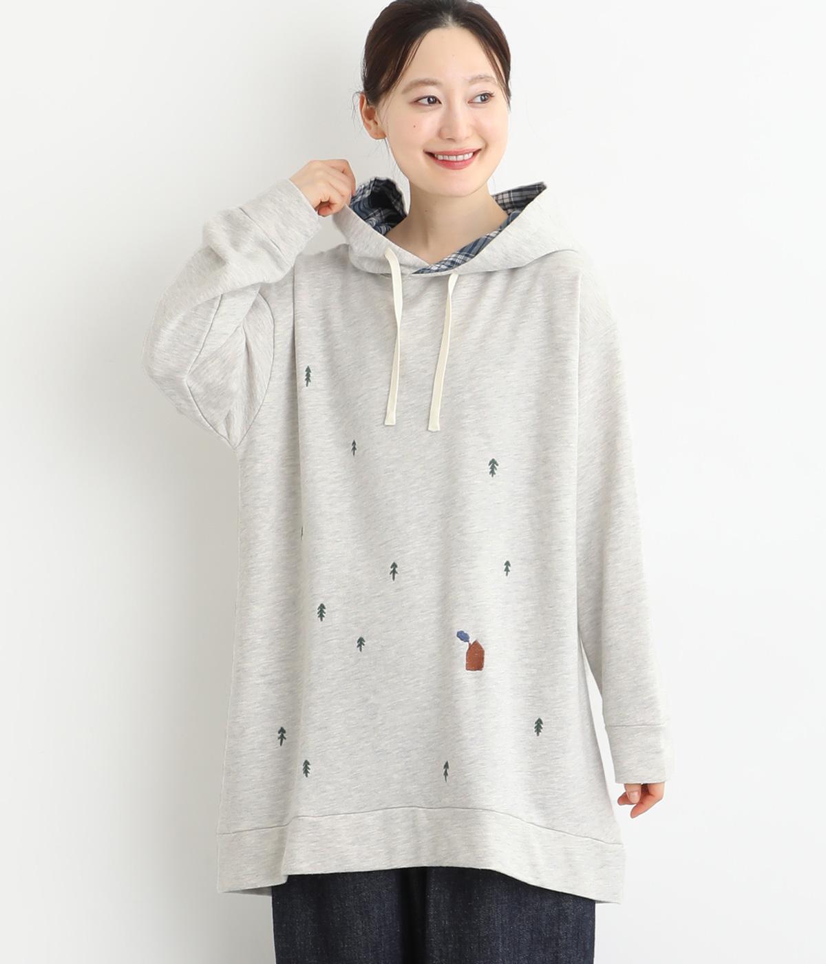 裏毛森小屋の刺繍パーカーチュニック(アイボリー-F)