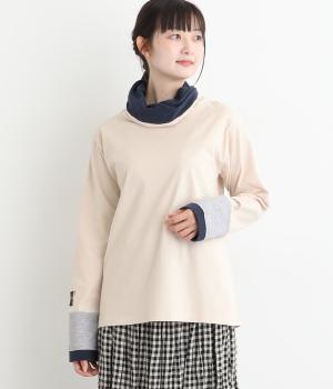 コットンひと息刺繍袖切替えタートル(アイボリー-F)